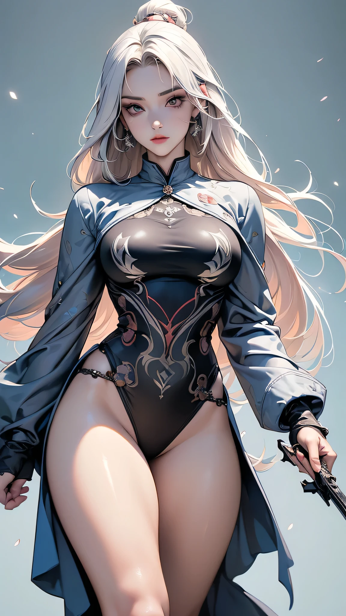 (masterpiece:1.2, best quality), (finely detailed beautiful eyes: 1.2), (extremely detailed CG unity 8k wallpaper, masterpiece, best quality, ultra-detailed),  signora \\(genshin impact\\) , large breasts, long hair, mature female, sweater, shirt ,pants, casual clothes,  High contrast, (best illumination, an extremely delicate and beautiful),1girl,(simple backround, outdoors,  front on),  looking at viewer,beautiful detailed glow,full body, (beautiful detailed face, beautiful detailed eyes)