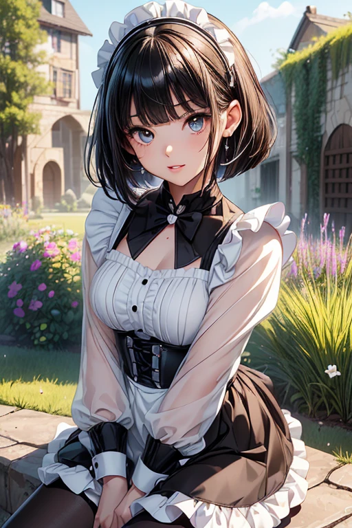 (Close-up:1.4)、(RAW shooting:1.2)、(photorealistic:1.4)、(masterpiece:1.3)、(highest quality:1.4)、solo、7 head and body、(slender and beautiful girl)、cute、(beautiful detailed eyes)、(charming big eyes)、(beautiful double eyelids)、(beautiful and detailed face)、(smile full of joy:1.3)、(Medium chest:1.2)、(cleavage)、(erect nipples:1.2)、(full body shot)、8K、(muste piece:1.2)、(pale blue hair、short bob:1.3)、(Bangs Patsun)、(headdress、white blouse、black ribbon、White Apron、ruffle skirt、puff sleeves、collar、choker、apron with fine ruffles:1.3)、White Knee High Socks、black maid costume、(Sexy model pose with chest sticking out:1.3)、cowboy shot、view audience、(small butt)、(beautiful hands)、(beautiful thighs)、cute系、(perfect anatomy:1.2)、ancient city、
