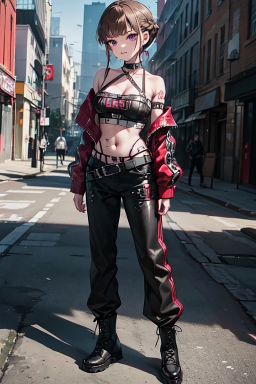 (nice with you), short hair, Braided hair, Brown Hair, Purple eyes, bangs, woman, alone, punk, punkファッション, Black tops, Spiked Choker, Red tartan bondage pants, Studsbelt,Dr. Martens Boots, Dark eyeliner makeup, masterpiece, Urban Scene、Background of the cityscape、Graffiti wall