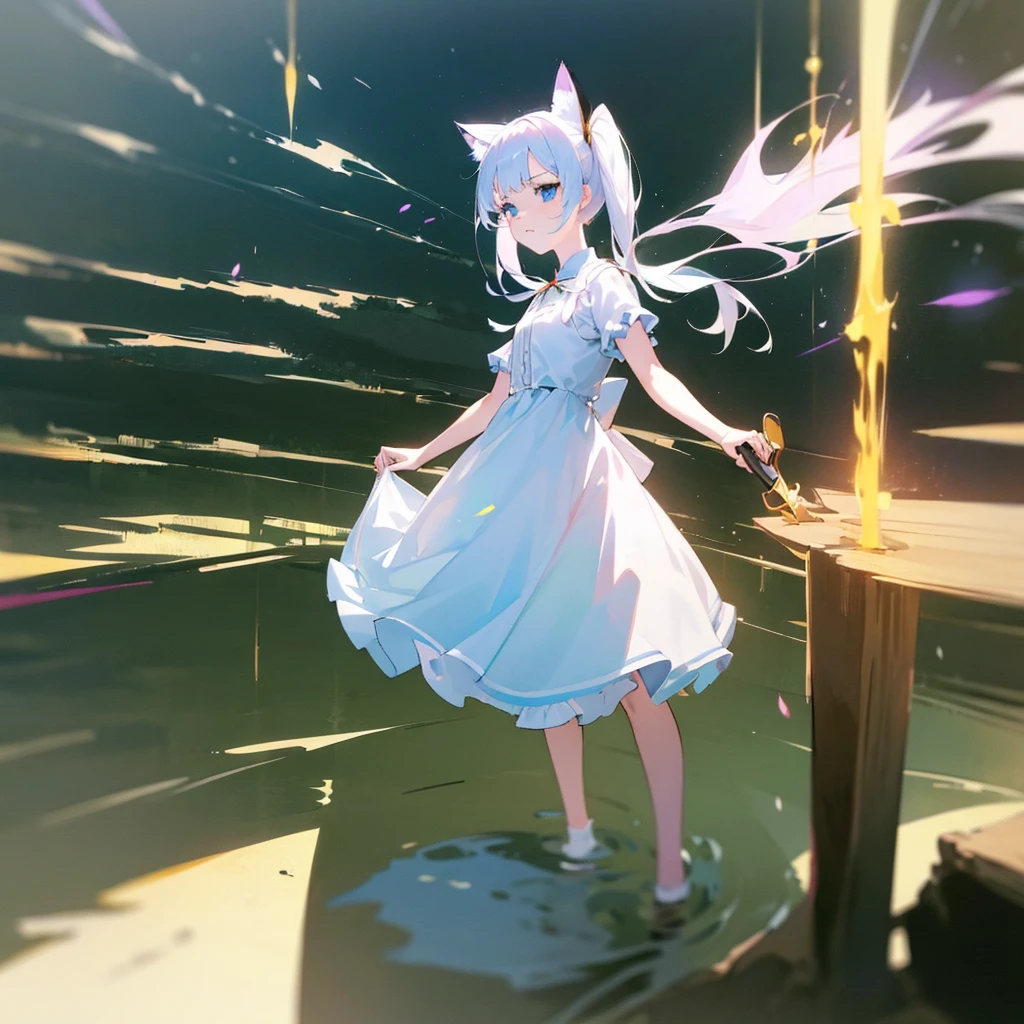 Beautiful anime girl with white hair, blue eyes, And a delicate face, wearing cute white dress, A playful and bright look, Ultra-high resolution, masterpiece, Highest quality, Very detailed, accurate twin tails, Animal ears, ****ta with Animal ears, Motion Illustration, Speed Line, Anime Style,大きいax,Carrying,Carrying a weapon,ax