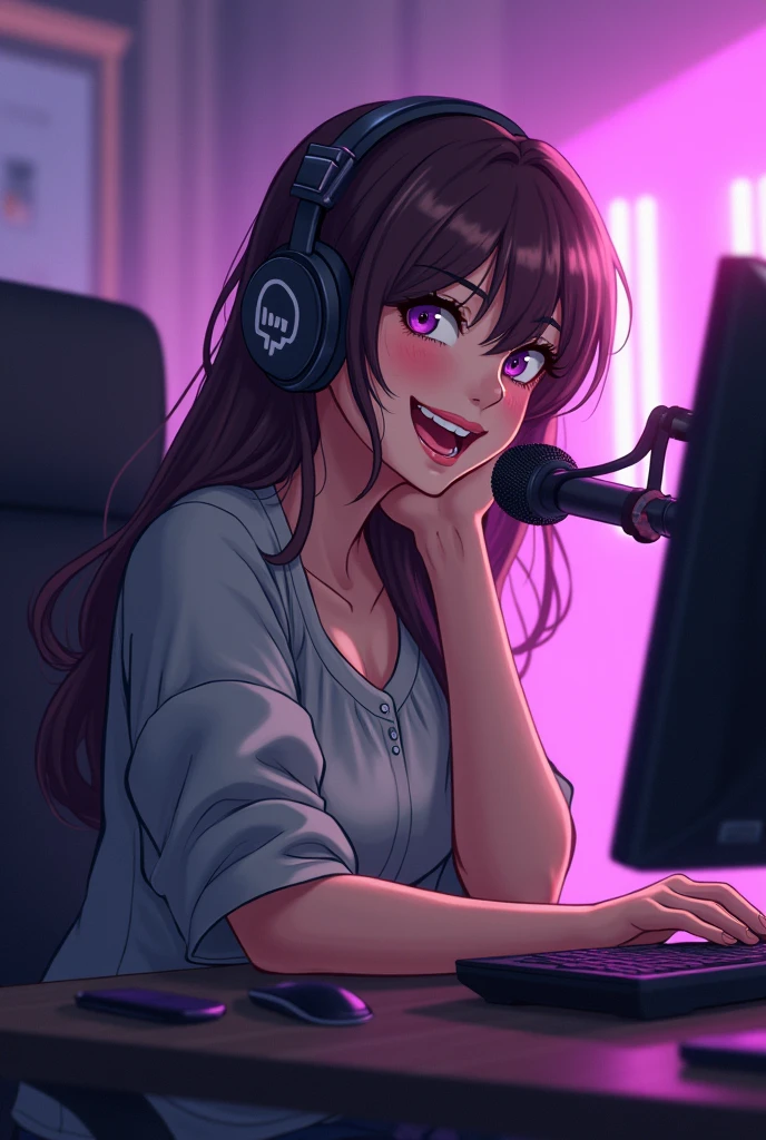 A woman sitting at a desk with a laptop and microphone, sitting in front of a microphone, Twitch streamer, Twitch streamer/gamer Ludwig, giving an interview, accurate portrait, taking control while smiling, H3H3, with a happy expression, accurate representation, in front of a computer, trending art, Shutterstock, studio shot, very expressive, realistic anime, drawn,