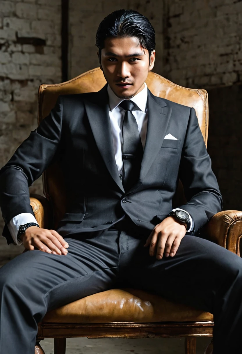 (One men), (Non Women and female), (40ys asian handsome high fade hair hot gay men), in shiny pinstripes stripes sharp suit with silk tie, seat on sofa, big bulge, dark mode, 8K, Ultra HD