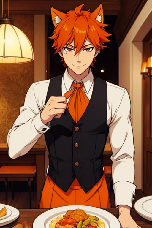 Perfect face. Perfect hands. An orange haired man with orange eyes with orange fox ears and an orange fox tail in a butler's outfit is smiling while serving dinner in a fancy butler's cafe