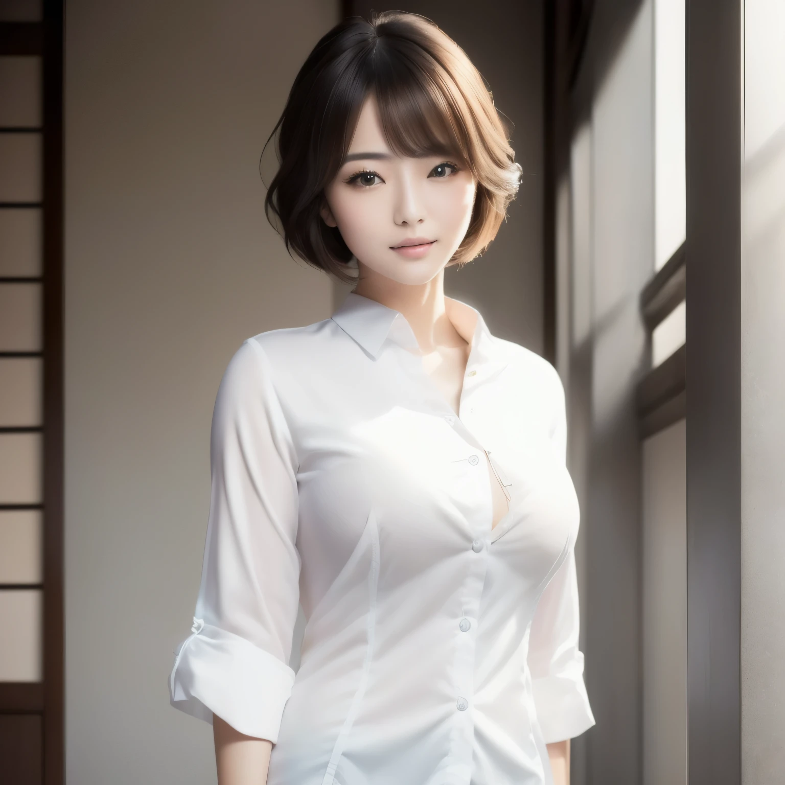 (masterpiece),(photorealistic:1.3),hyperrealism,high chroma,(8k,UHD,ultra-detailed:1.2),highest quality,(realistic:1.2),realistic lighting,realistic shadows,1 pretty Japanese girl,pale skin,shiny skin,(beautiful detailed face),(round face),black eyes,dark brown hair,(middle short hair),bangs,floating hair,head tilt,smile,looking at viewer,((white wear)),(large chest,seni grandi:1.3),(),narrow waist,navel,thick thigh,