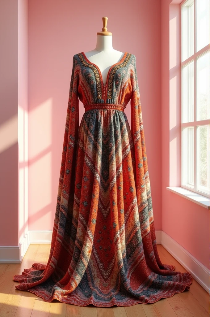 It shows a gala dress in which flora and fauna are represented, traditions and customs of Hidalgo
