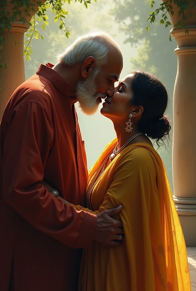 A heartwarming scene of an elderly woman with long, flowing gray hair and traditional Indian attire, adorned with gold earrings and bangles, gently kissing her 25 years old grandson, who has tousled dark hair and is wearing a blue plaid shirt. The background features soft, warm lighting from a window, with hints of a cozy home setting filled with plants and a table with fruits, capturing a moment of love and connection. Photorealistic, vibrant colors, soft focus, and emotional depth.