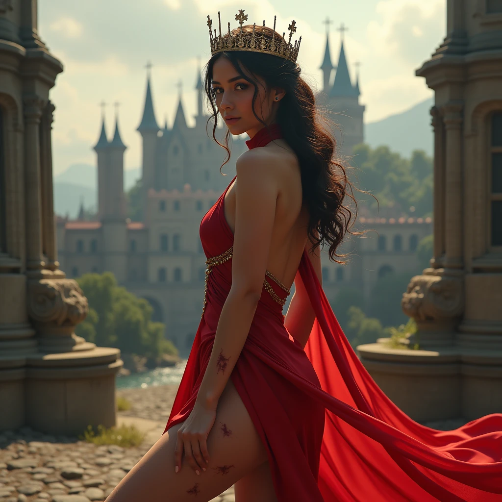 Princess with long hair in front of a burning palace From the back, high quality, 8k