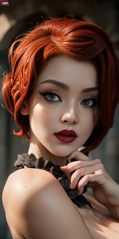 foreground , NSFW ,redhead girl,  extraordinary beauty and very detailed, eyes and eyeliner, gothic makeup full lips,single face high resolution image 12k 1 levels.2 high resolution 