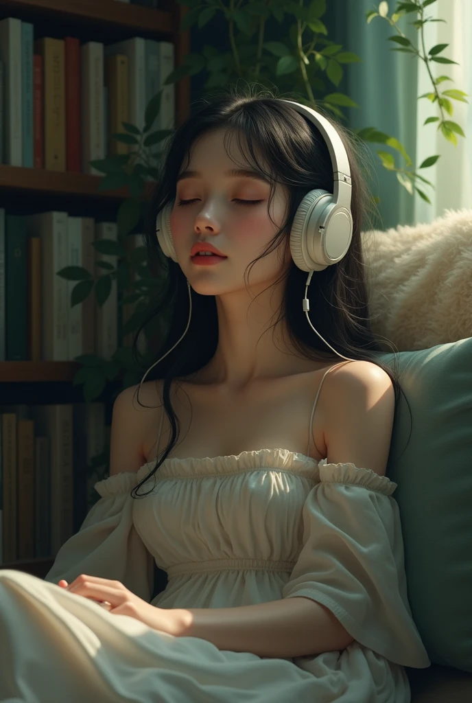 Unreal photo of a young woman sitting with long wavy black hair listening to music with headphones, rays of light through the room. 