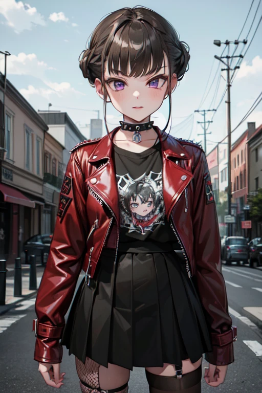 ((nice with you)), short hair, Braided hair, Brown Hair, Purple eyes, bangs, woman, alone, punk, punkファッション, Red leather jacket, Black Skirt, Fishnet tights, Black T-shirt, Spiked Choker, bracelet, Black eyeshadow, Black Lips, masterpiece, Urban Scene、Background of the cityscape、Graffiti wall