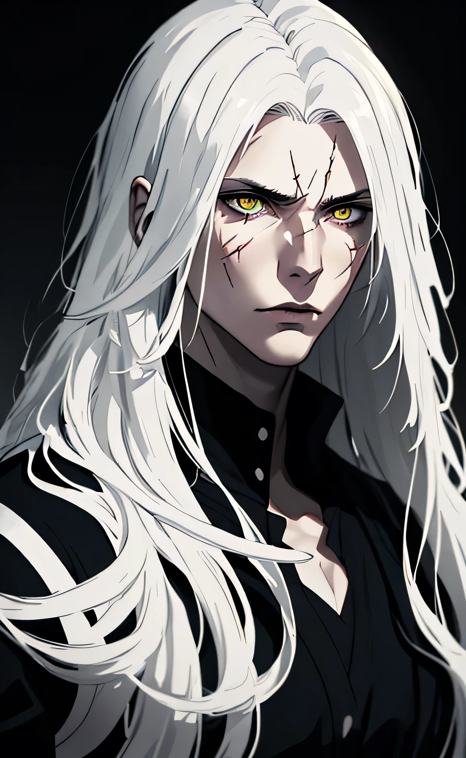 (man, long white hair, White skin, amber eyes, skinny, pronounced cheekbones, Surreal, dramatic lighting, moody atmosphere, complex parts, hyperrealistic, 8 K, high quality, masterpiece, anime style, cinematic), long hair, a high resolution, (amber eyes), simple background, Very long hair, Black sclera, man 40 лет, (one scar on the face), black clothes, black clothes священника, dark background, Tired, Pokerface, худощавый man, thin build 