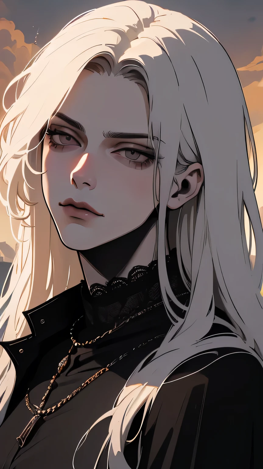 ((Высокий detail, masterpiece)), dramatic lighting(absurdity, a Высокий resolution, Ultra detailed), Extremely detailed Unity 8K computer graphics. mature face, adult man, man, mature man, (man, long white hair, White skin, amber eyes, skinny, pronounced cheekbones, Surreal, dramatic lighting, moody atmosphere, complex parts, hyperrealistic, 8 K, high quality, masterpiece, anime style, cinematic), long hair, a high resolution, (amber eyes), simple background, Very long hair, Black sclera, man 40 лет, (one scar on the face), black clothes, black clothes священника, dark background, Tired, Pokerface