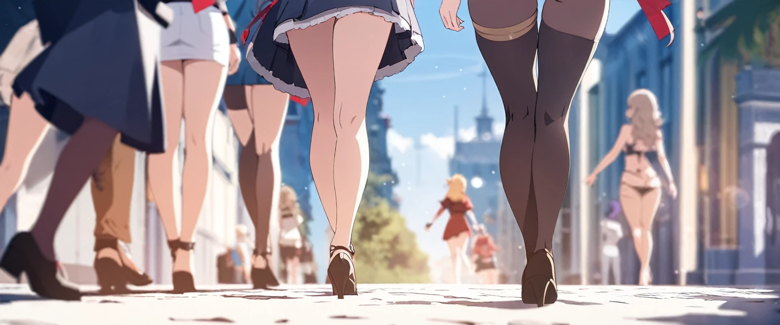a girl, wizard, laughing, running, looking back, short hair, blonde, blue eyes, pale skin, thighhighs, in the city, at noon, fantasy