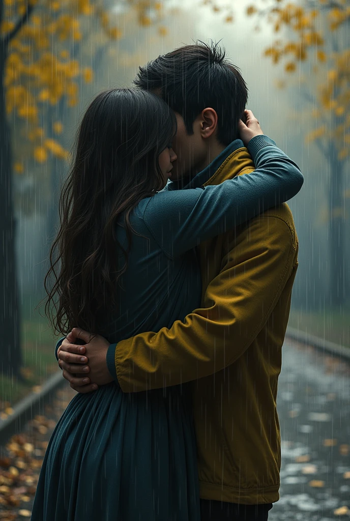 A 19 years old boy who wears a dark green colour hoodie and blue colour denim pant with little bit of beard lifting and carrying a 19 years old girl horizontally who wears a black and white colour horizontal line t shirt and black pant hugging him with little scare in his hands realistic in between lots of trees and grasses filled with rain water 