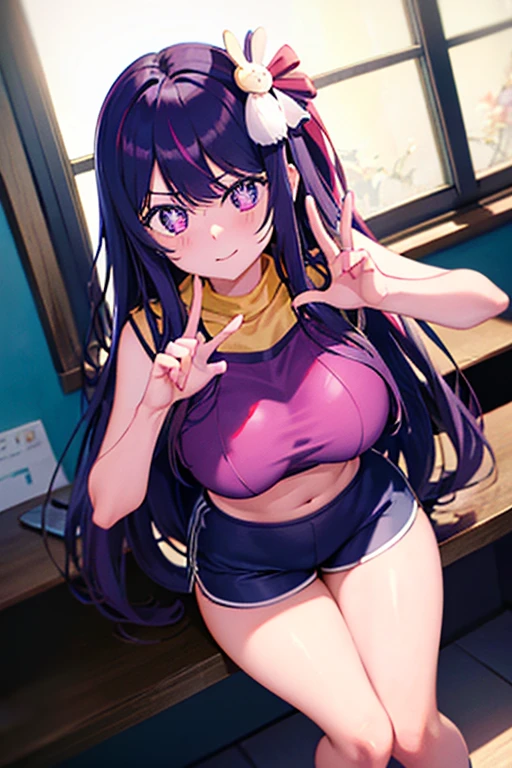 furuderika, long hair, purple eyes, blue hair, blunt bangs, , pink bow, skirt, , large breasts, , pink bow, skirt,　live stage, nipple naked