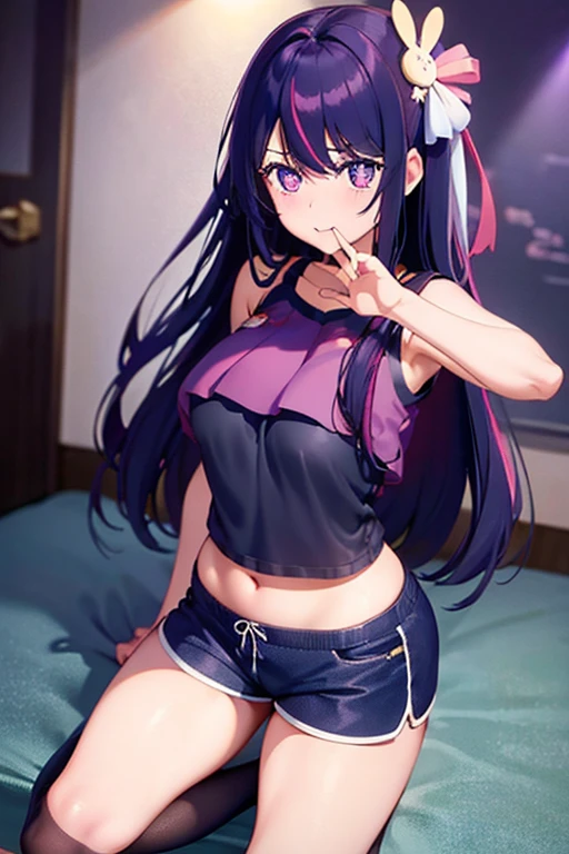 Aykhoshinonova, 1girl , 独奏, Long hair, Bangs, purple hair, violet eyes, star-shaped pupils, open mouth, 鎖骨, blusher, ((black undershirt)), looking a viewer, spreading legs, kitty, Beautiful bra