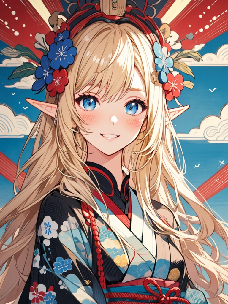 masterpiece, ultra quality, 1girl, ultra detailed, ultra highres, well-definded facial features, anatomically correct, cute girl, long pointy ears, elf, nice face, blonde hair, blue eyes,smile, blush,Ukiyo-e,