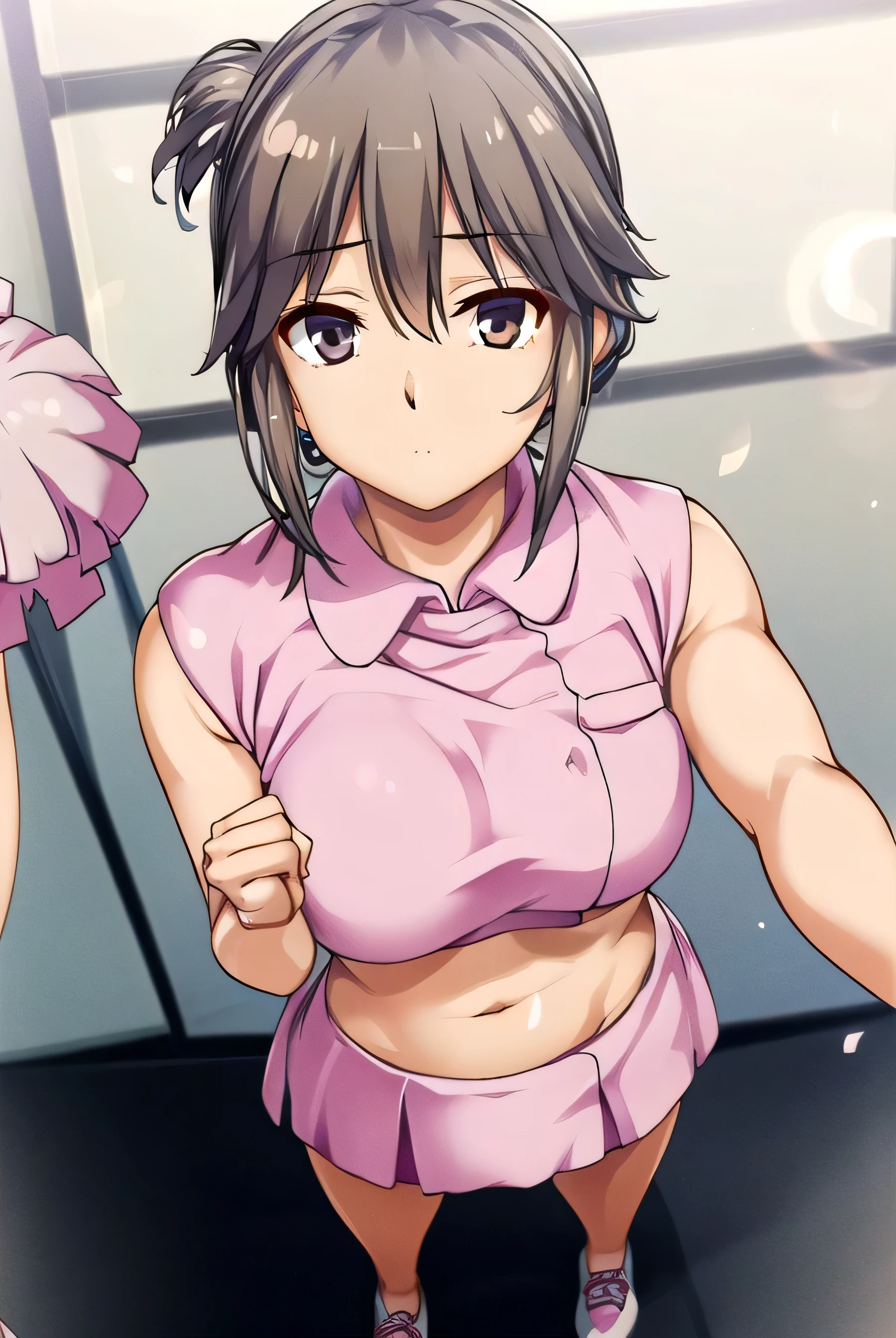 momoyaoyorozu, momo yaoyorozu, (black eyes:1.5), black hair, high ponytail, medium hair, ponytail, wide ponytail,
BREAK cheerleader, crop top, holding pom poms, midriff, navel, orange skirt, pink footwear, pom pom (cheerleading), pom poms, ponytail, skirt, (u.a. cheerleader uniform:1.5),
BREAK looking at viewer, full body,
BREAK indoors, classroom,
BREAK (masterpiece:1.2), best quality, high resolution, unity 8k wallpaper, (illustration:0.8), (beautiful detailed eyes:1.6), extremely detailed face, perfect lighting, extremely detailed CG, (perfect hands, perfect anatomy),