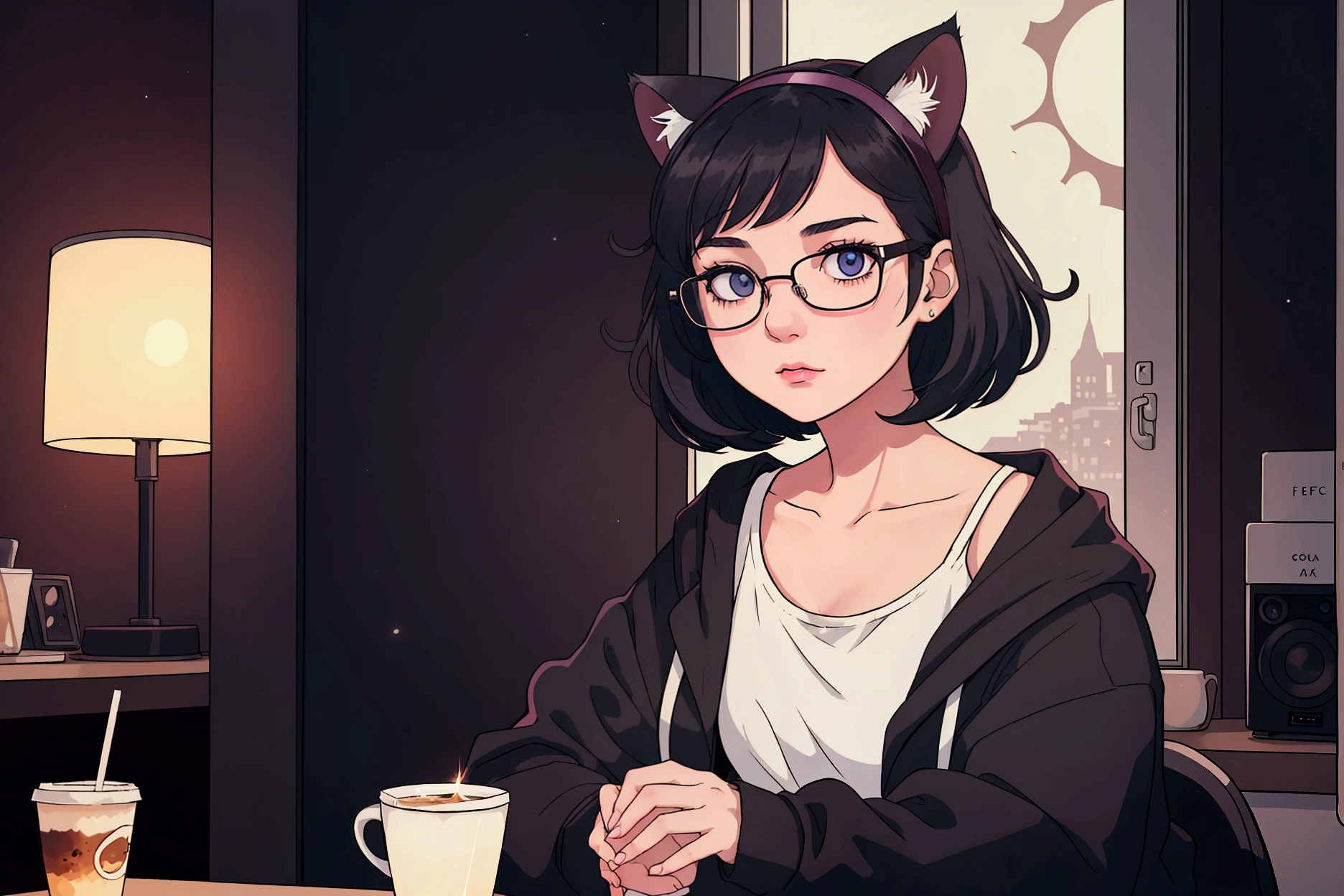 A girl with short black hair and cat ears with glasses, wearing dark clothes,with shiny hair with a relaxing atmosphere. night,coffe, She is a little further away, with a view of her from the waist up, listening to music, and the detailed and vibrant colors, reflecting an 80s and 90s anime aesthetic, mixed with a touch of Fujifilm aesthetics. The girl has beautiful eyes, and the entire composition is in 4K, capturing the lofi aesthetic with a soft and tranquil atmosphere.