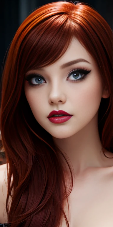 foreground , NSFW ,redhead girl,  extraordinary beauty and very detailed, eyes and eyeliner, gothic makeup full lips,12k 1 level single sided high resolution image.2 high resolution 