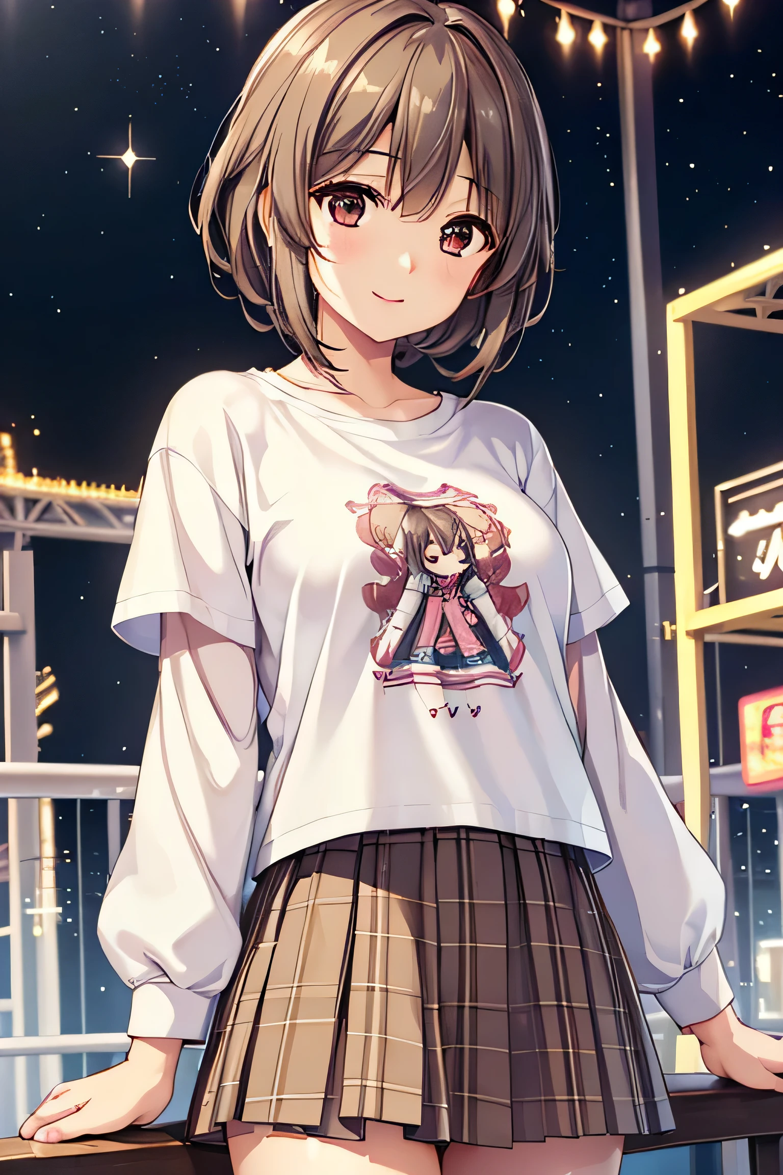 anegasaki nene、Shiny brown hair, short hair, (Beautiful brown eyes、Sparkling eyes, Fine grain)、smile、Ultra-detailed eyes、Very detailed顔, Very detailed目,
(One girl, alone, alone),, Very detailed, Soft indirect lighting, 4K, Perfect Eyes,Perfect lighting,
( She's wearing a white T-shirt with a rock band print., She's wearing a checkered skirt and a leather jacket with a tattoo), ( She's riding on a brightly lit amusement park ride on a starry night ), ((( parade, Are standing )))