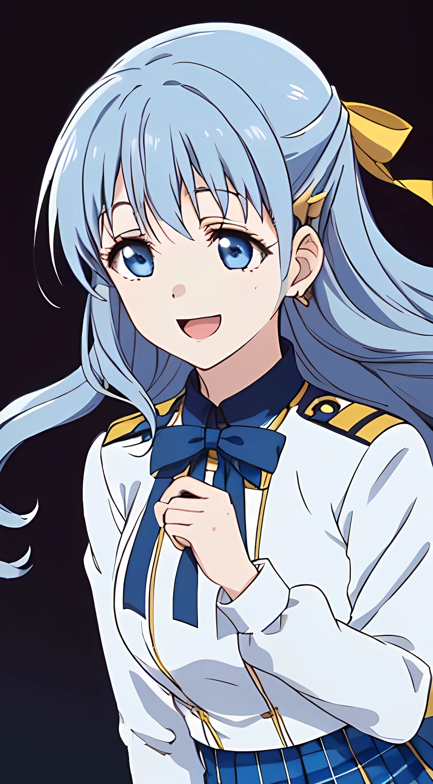 (highest quality, masterpiece, Full HD, High definition: 1.2), (Japanese Game CG art of beautiful giggling flying and falling noble elegant girl in the space, charming me elegantly, elegant pose : 1.3), (Just one very beautiful date-game noble heroine who is looking and laughing at me, Very detailed cute noble **** heroine's noble eyes and face, Beautiful giggling eyes with detailed: 1.4), (Super-long bottom-eyelashes: 1.2), (Girl whom everyone loves because of her beauty and lovely winter fashion and noble manner and mind of evil succubus and magical-charm of evil succubus: 1.0), (Very beautiful, wavy, cutely shining super-super-long dark-dark-blue-blue glossy hair, with elegant hair ribbons, spreading on whole the screen: 1.3), (Laughing very beautiful and sapphire-blue mature intelligent cute-eyes which charms and enslave me inevitably, with clearly detailed: 1.4), (Eyes are clearly detailed), (very long eyelashes: 1.0), (Noble full-black neat sailor-styled noble winter-version school uniform with a noble expensive ribbon on the chest: 1.2), (Charming neat blue & navy tartan-checkered pleated long winter school skirt: 1.5), (Soprano singer of classic music: 1.0), (Can't stop giggling: 1.6), Clear skin, (Nothing except black background: 1.5), dark-blue glossy hair