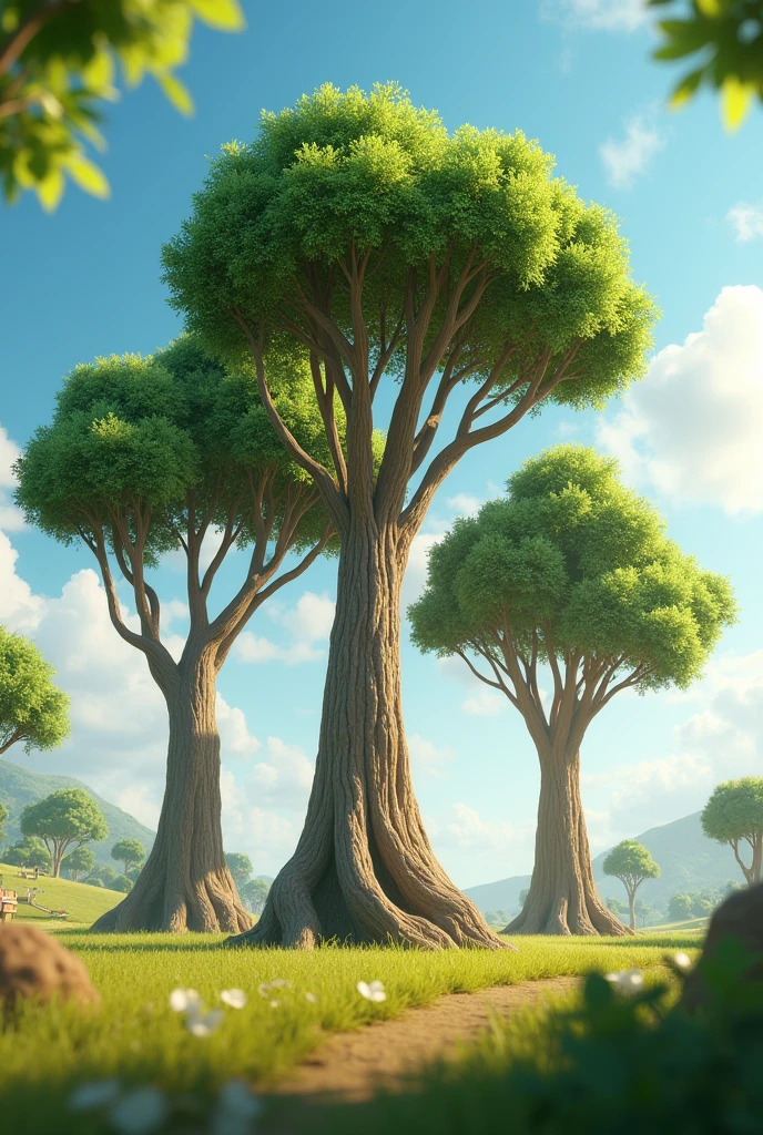 3D Pixar cartoon video
, big Three 
still standing, with flexible branches swaying in the wind. 
