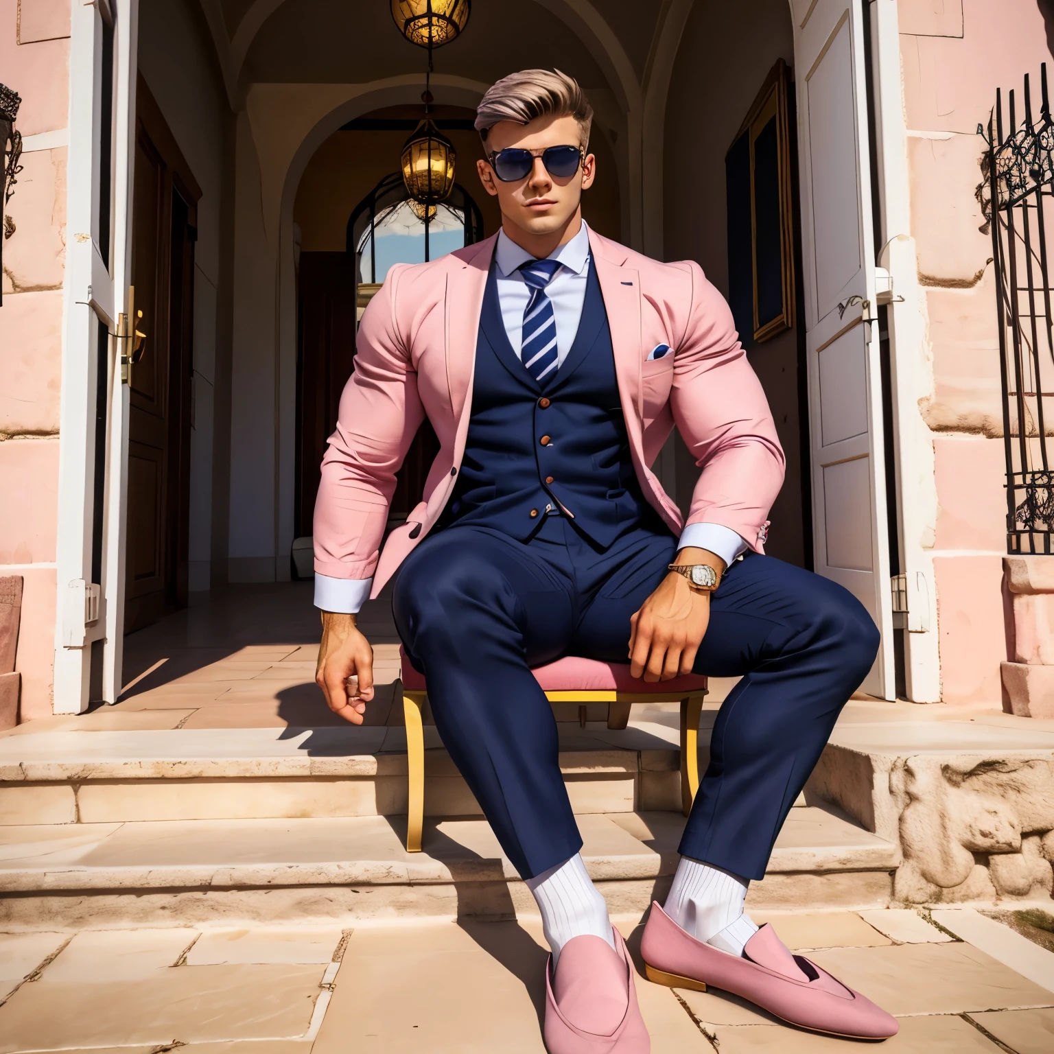 full body photo of one young 18 yo european white preppy handsome man with a excessively big, strong, hooked massive nose, wearing navy-blue blazer, grey chino pants, light-pink ribbed socks, no shoes, light-pink shirt, navy-blue tie, preppy haircut, wayfarer black sunglasses, one ancient precious gold signet ring, arrogantly posing in his pink socks in the middle of terrace chairs in front of mansion in Andalusia, Spain. 