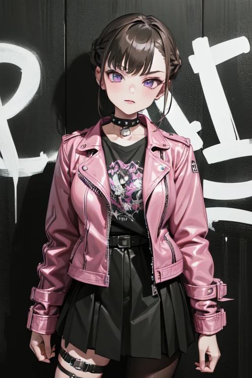 ((nice with you)), short hair, Braided hair, Brown Hair, Purple eyes, bangs, woman, alone, punk, punkファッション, (Pink leather jacket), Black Skirt, Fishnet tights, Black T-shirt, Spiked Choker, bracelet, Black eyeshadow, Black Lips, masterpiece, Urban Scene、Background of the cityscape、Graffiti wall