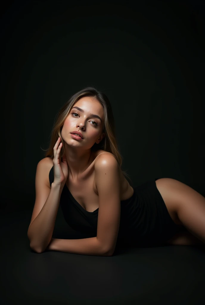Hot Russian girl with long brown hair wearing a black kimono, standing in a room, arching her back accentuating her beautiful curves and her shiny image spread out over the legs of a white girl with a hot ass and chest, Photo studio, Black background