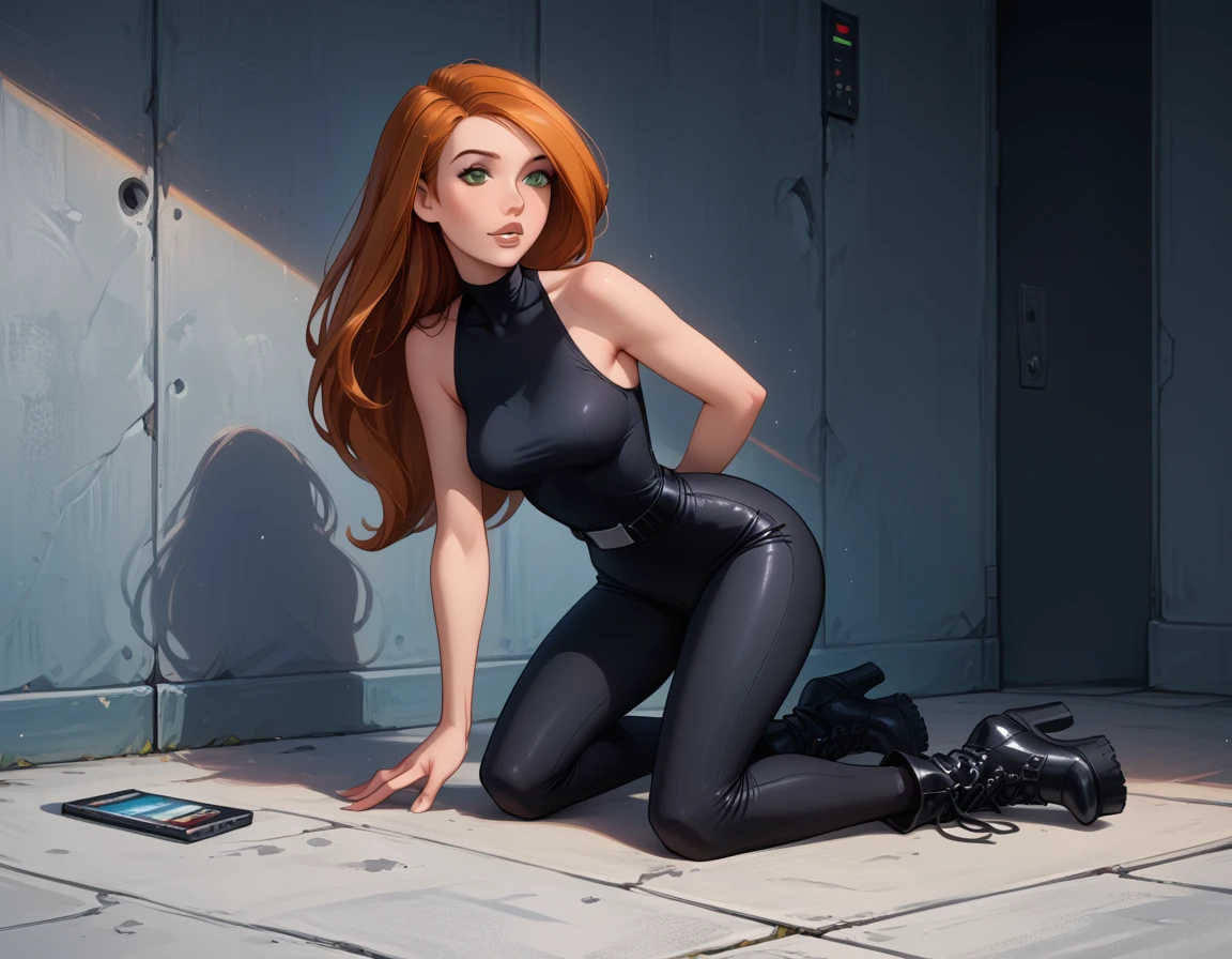 cinematic film still, solo, 1girl, BREAK kim possible, narrow waist, perky breasts, black pvc catsuit, black utility belt, sleeveless, wedge heel boots, BREAK high tech computer factory, sneaking around, crawling, kneeling, bent over, beautiful, graceful, elegant, BREAK beautiful scene, BREAK highly detailed, detailed eyes, detailed face, absurdres, 4k, masterpiece, best quality.