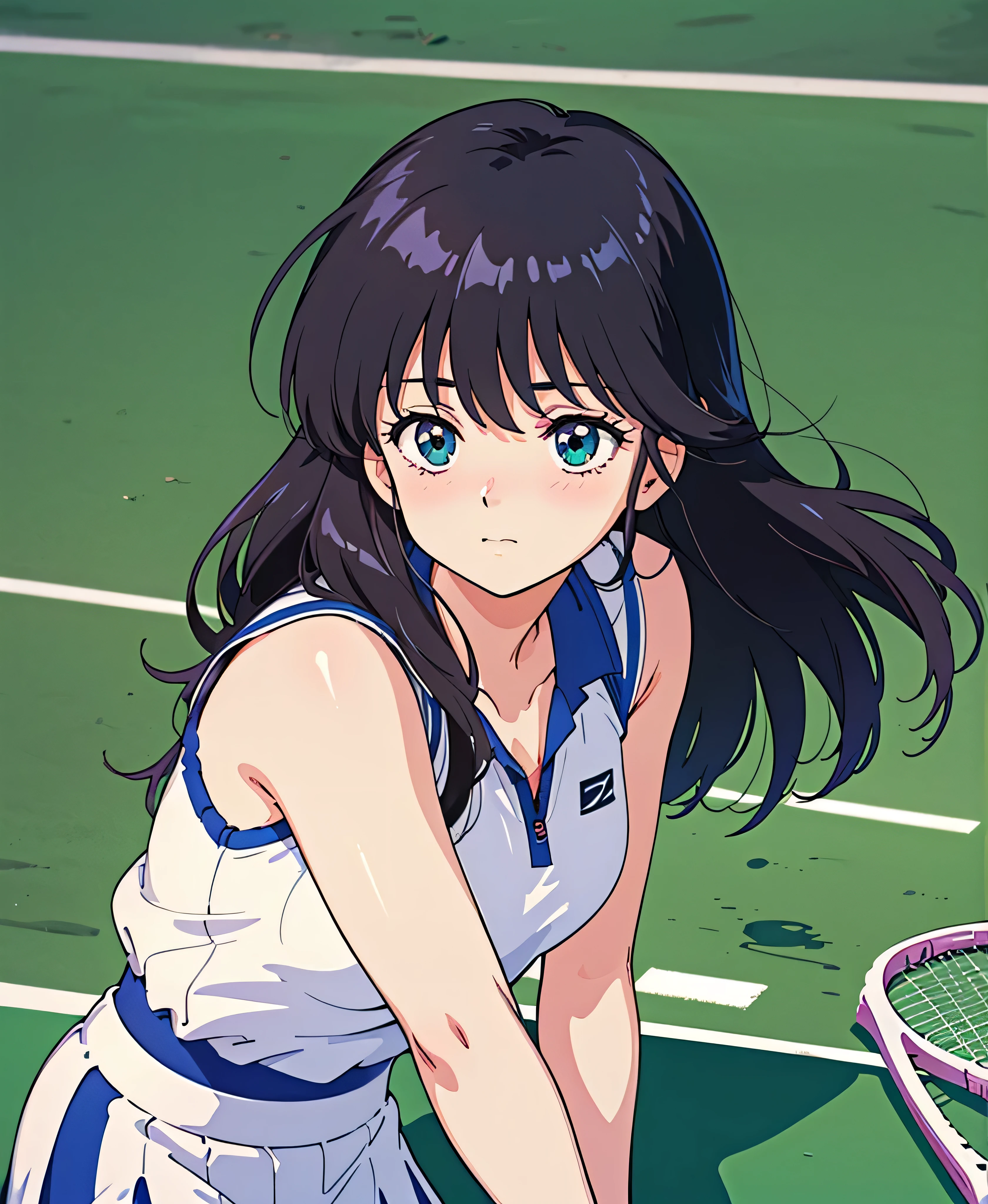 (Tabletop, Highest quality, High resolution:1.5, Anime Color, Megami Magazine:1.2, Anime poster style, Anime key visual, sharp, 8k, Realistic), (Beautiful attention to detail:1.5, Beautifully detailed face:1.2), Madoka Ayukawa, One girl, blush, (Black Hair, Long Hair), (Sagging), (Tennis Wear), Upper Body, (Perfectly detailed anatomy, Beautiful detailed hair, Beautiful and exquisite body:1.2, Glowing Skin), (Thick outline, Beautiful contours, Black outline), Simple Background
