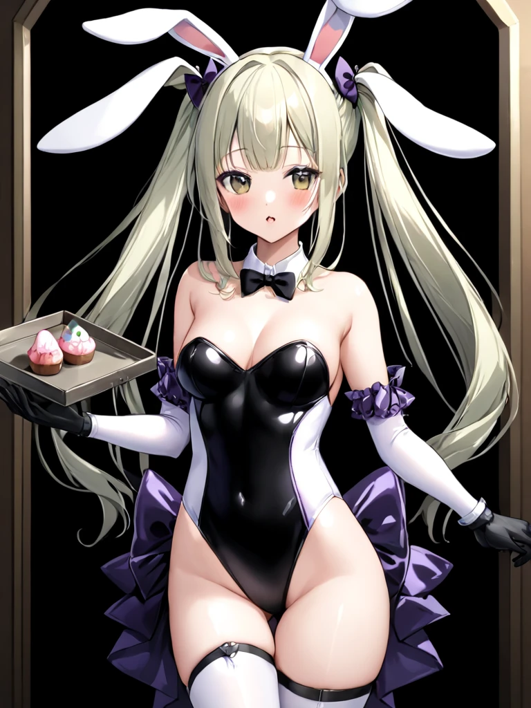 ultra-detailed,(Highest quality),((masterpiece)),(High resolution),original,very,Xing, One girl, gloves, chest, Animal ears, Playboy Bunny, black gloves, Adult Toys, alone, Bunny ears, fake Animal ears, leotard, black leotard, tail, large chest, Strapless, bowtie, hair ornaments, chestの谷間, View your viewers, Exposing shoulders, tray, Strapless leotard, Dildo, bow, High leg, Detachable collar, Hair Clip, rabbit tail, Thighsストラップ, Wrist cuff, Covered navel, Cowboy Shot, fake tail, Thighs, High leg leotard, Show your hand, Earrings, Skin Dentition, Arm strap, Are standing, jewelry, Holding tray, Holding, blush, between legs, Mole, hair band, lotion Bottle, Mouth closed, Bottle, half gloves, Contrasting, side-tie leotard, Mole under eye, black bowtie, ass visible through Thighs