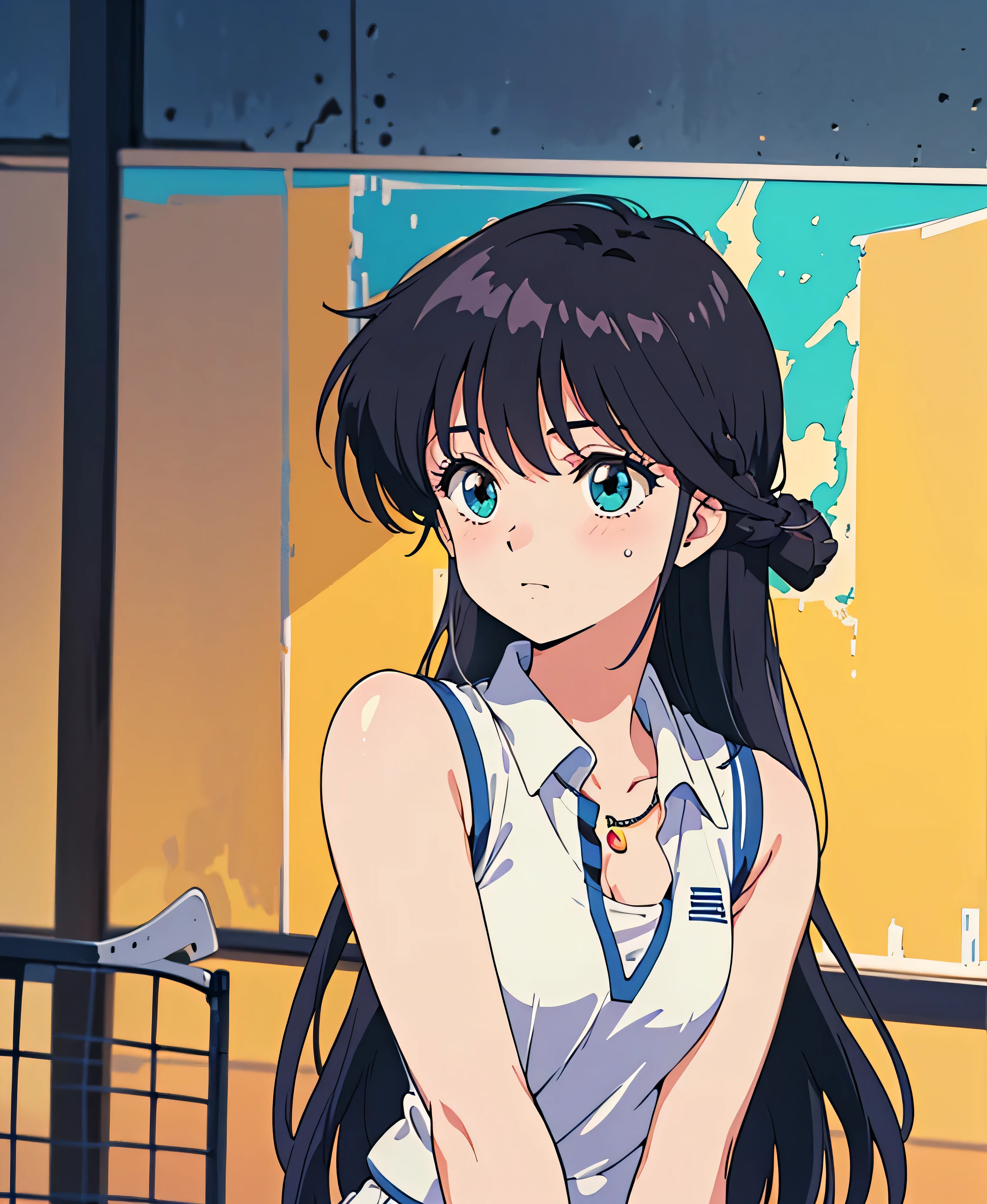 (Tabletop, Highest quality, High resolution:1.5, Anime Color, Megami Magazine:1.2, Anime poster style, Anime key visual, sharp, 8k, Realistic), (Beautiful attention to detail:1.5, Beautifully detailed face:1.2), Madoka Ayukawa, One girl, blush, (Black Hair, Long Hair), (Sagging), (Tennis Wear), Upper Body, (Perfectly detailed anatomy, Beautiful detailed hair, Beautiful and exquisite body:1.2, Glowing Skin), (Thick outline, Beautiful contours, Black outline), Simple Background
