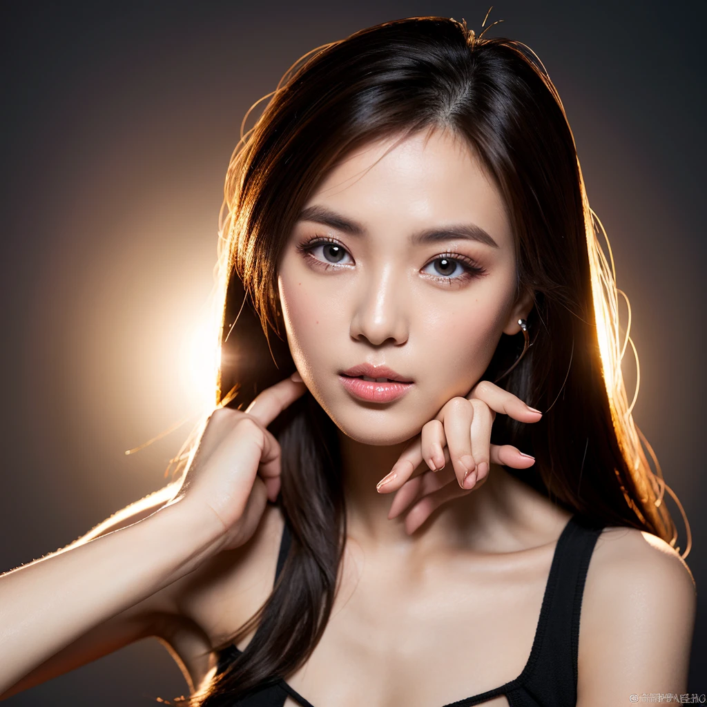 a picture、(Photorealsitic:1.4)、(hyper realisitic:1.4)、(Cinematic:1.5)、Woman in her 20s、独奏、cabelos preto e longos、(beautiful and delicate face)、Simple black dress、(a closeup:1.5)、up of face、frontage、closing eye、(closed eyes), dark backgrounds、