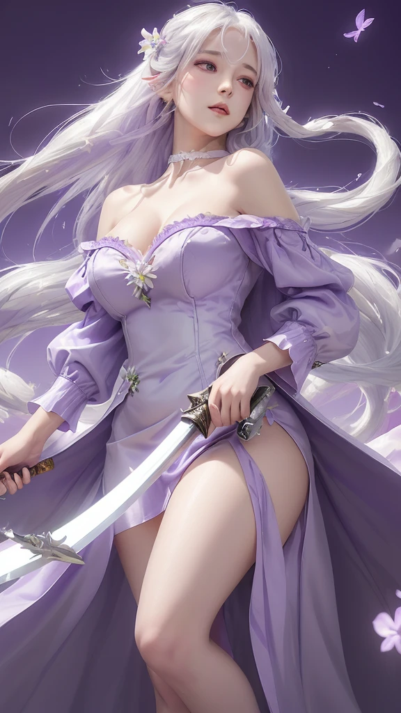 anime image of a woman in a white dress holding a sword, shalltear bloodfallen, gapmoe yandere, gapmoe yandere grimdark, shalltear from overlord, yandere intricate, ahegao, yandere, ayaka genshin impact, big chest, splash art anime loli, a very beautiful berserker woman