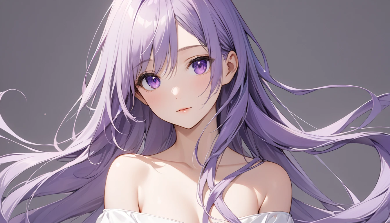 Human girl in her mid twenties with long white wavy hair, violet eyes, soft features, big innocent eyes with thick eyelashes, pouty lips, blush on her cheeks, light freckles, looking shy, naked