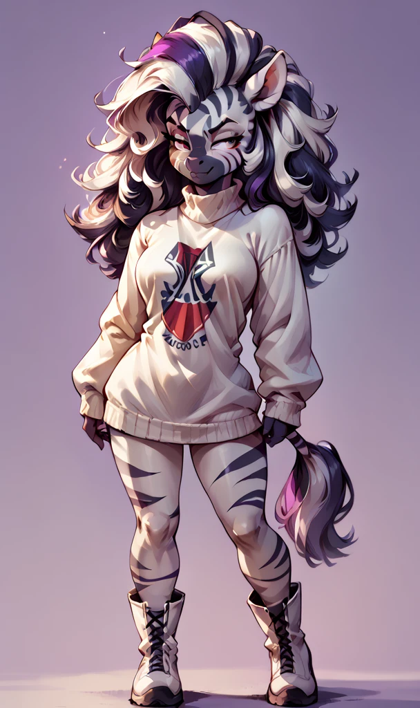 (独奏) female anthropomorphic zebra, long fluffy hair, zebra, breasts big, appealing, White sweater, high white boots, long sleeves, shapely body, zebra tail, big, freckles, freckles no rosto, smug eyes, (angry expression), she is standing looking to the right, violet background, simple background, coxas bigs (lateral view)