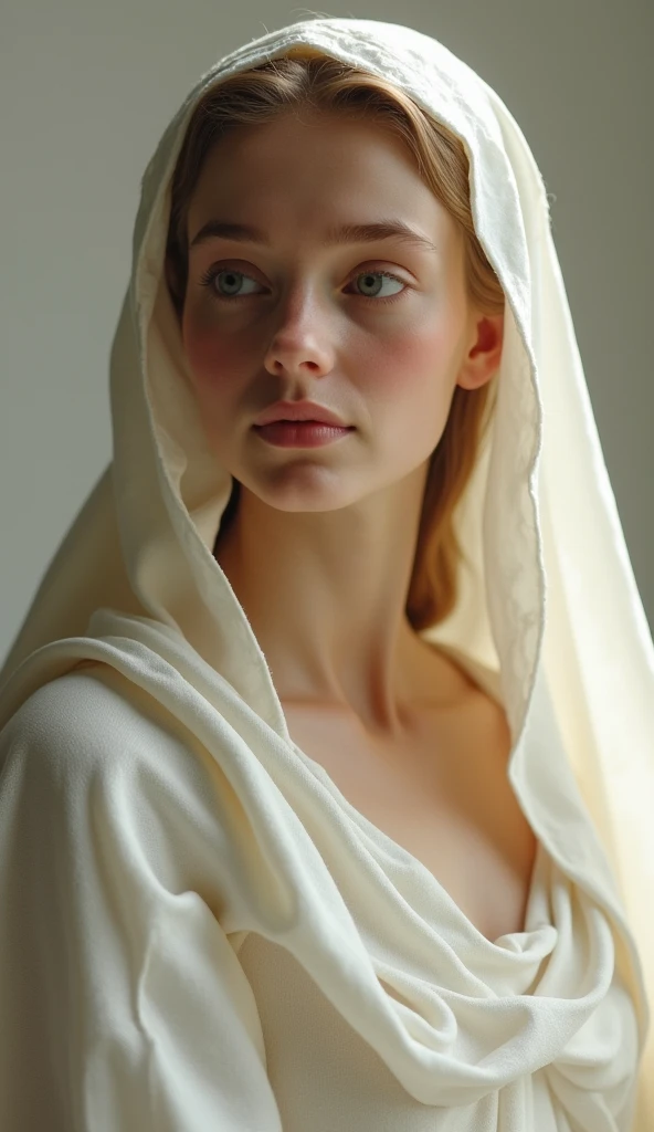 Create an ultra-realistic image of Mary, the mother of Jesus, from the waist up, focusing on a frontal view of the bust. Mary should be depicted with serene and compassionate features, including a modest expression and gentle demeanor. She should have long, flowing hair partially covered by a veil or headscarf. Her attire should be a simple yet elegant robe with soft, flowing folds and natural textures. The background should be neutral or subtly thematic to enhance the figure, with soft, divine lighting to highlight the details and textures of her appearance. Ensure that Mary’s peaceful and nurturing expression, along with her graceful presence, are clearly captured from the frontal perspective.