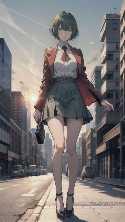 anime、tall slender woman、Short green hair、Red short jacket、Black short tight skirt、Grey high heels、A tense expression、Morning city、skyscraper、There is no one else around、The morning sun is shining from the left、The chest is wide open、