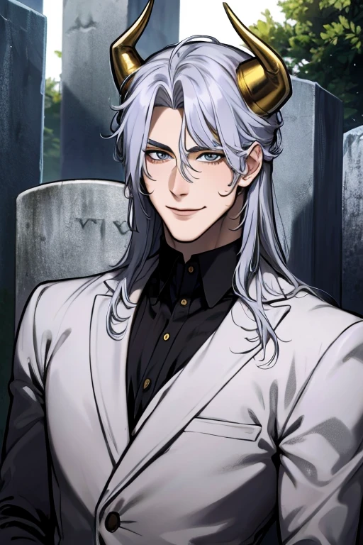 Perfect face. Perfect hands. A young silver haired man with golden eyes and golden horns in a cool suit is smiling on a tombstone in a cemetery