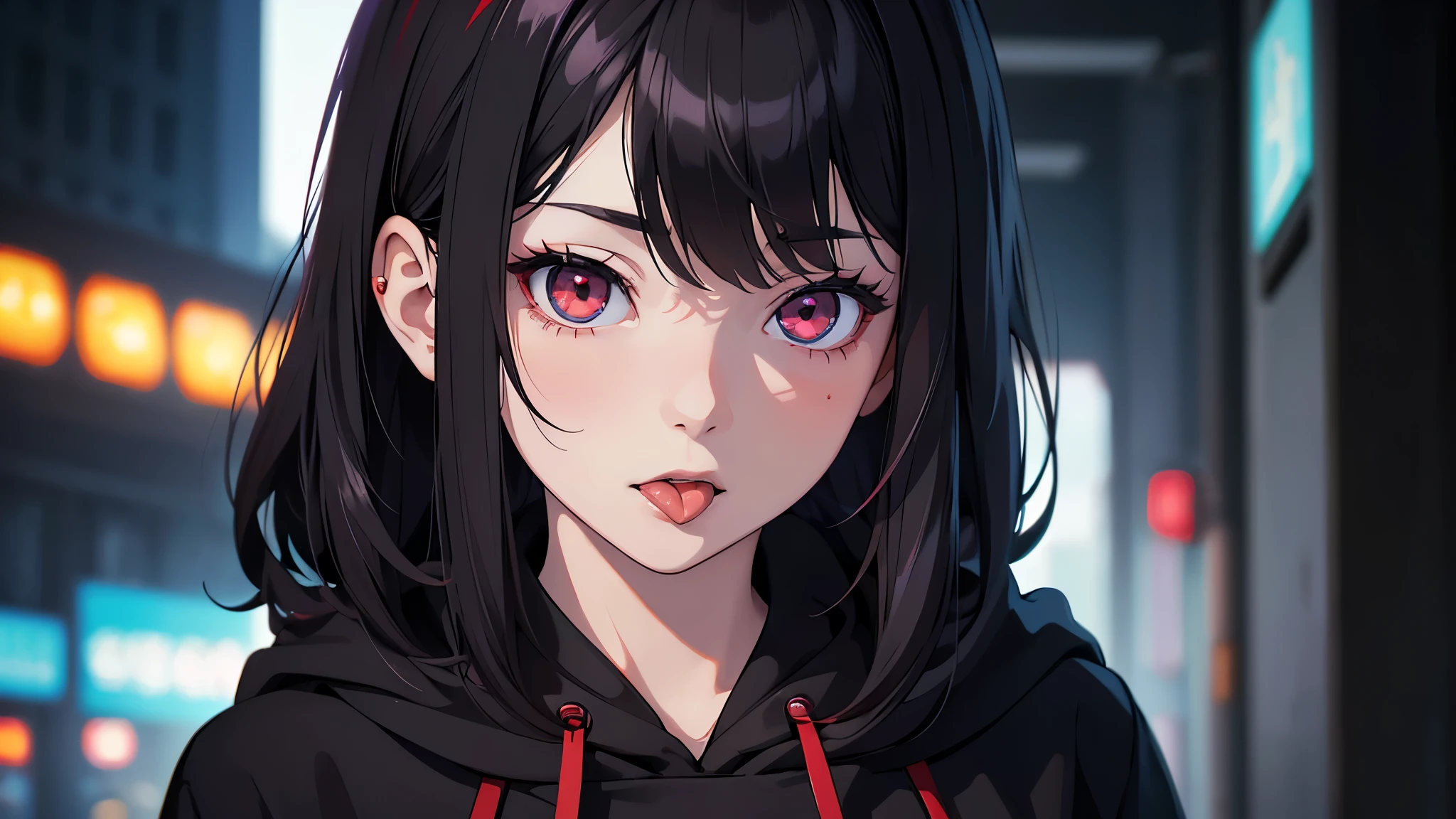 ((best quality)), ((masterpiece)), portrait oil realistic of (a beautiful skinny  kawaii anime schoolgirl she showed her tongue with long wavy short hair, pale skin gorgeous mystic blackred eyes) in a ( hoodies), (highly detailed face), ((centered)), smooth shading, sharp focus, cinematic lighting, radiating colors, cyberpunk style