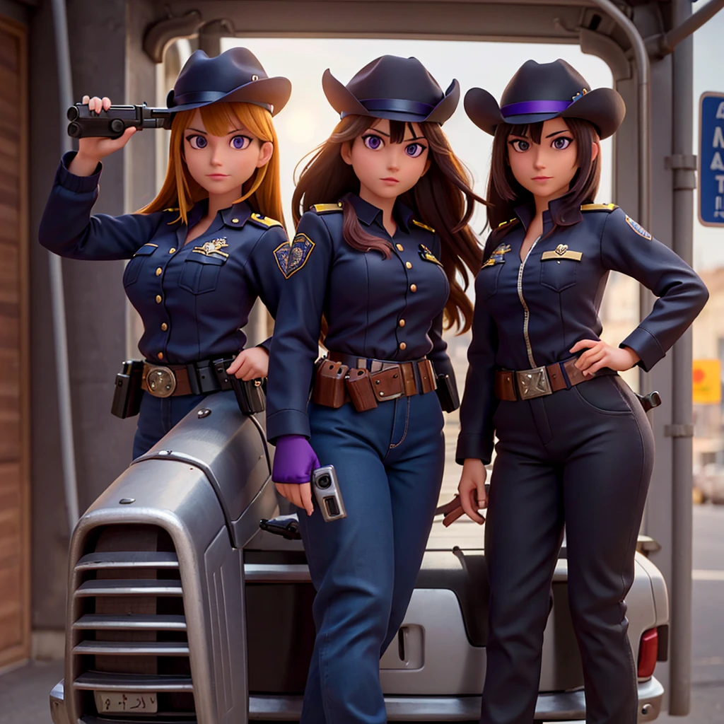 High detailed, 2 womans, police officers, busty, police hat, police jacket, police uniform, Bullet belt, Holding Machine guns, police pants, posing together, near a police Car, purple eyes, cowboy shot, bangs, high resolution,anatomically perfect, hair between eyes, backlighting