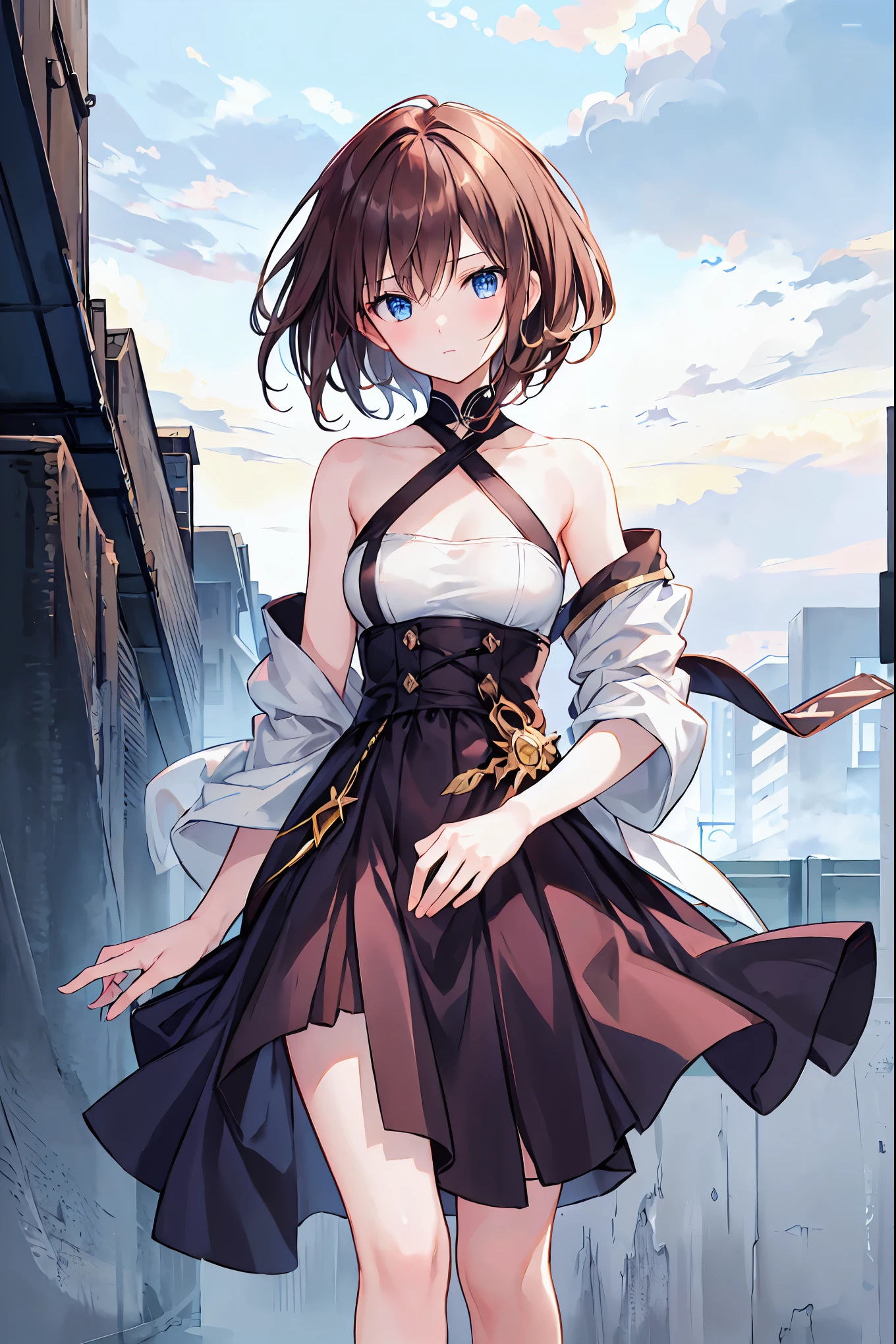 She is a girl from the future。Combat uniform with blue design on white background。