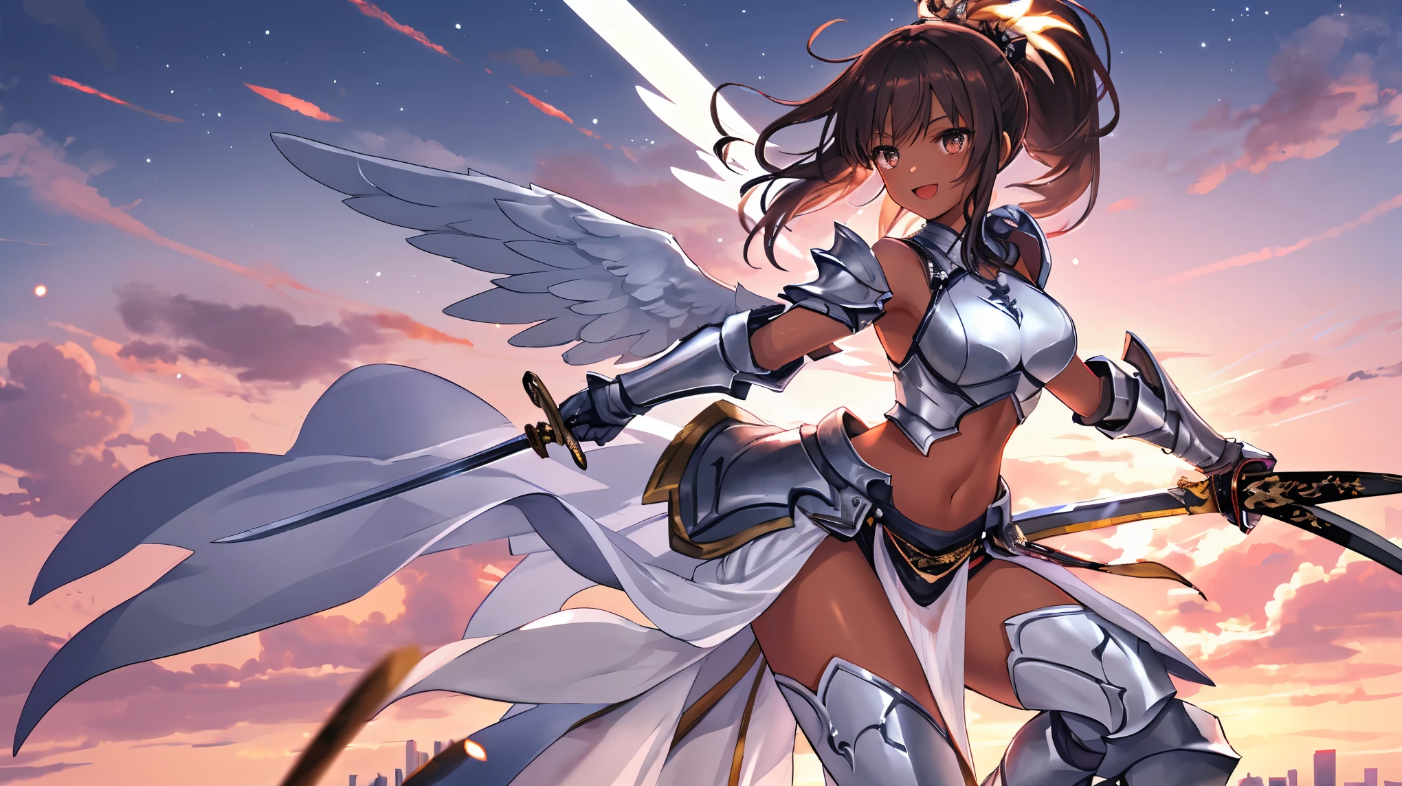 fantasy, 1angel_girl,child, loli,brown_hair, medium_bob_hair, long_bangs, halo,bare_shoulder,thighhighs,silver_armor, waist_armor, large_breasts,angry,grinning,open_mouth_teeth, 1pair_wings, dynamic_pose_fighting,floating, bare_crotch, headgear,gauntlet, greaves,city_sky_background,slightly_spread_legs, solo, groin_naked,dark_skin,