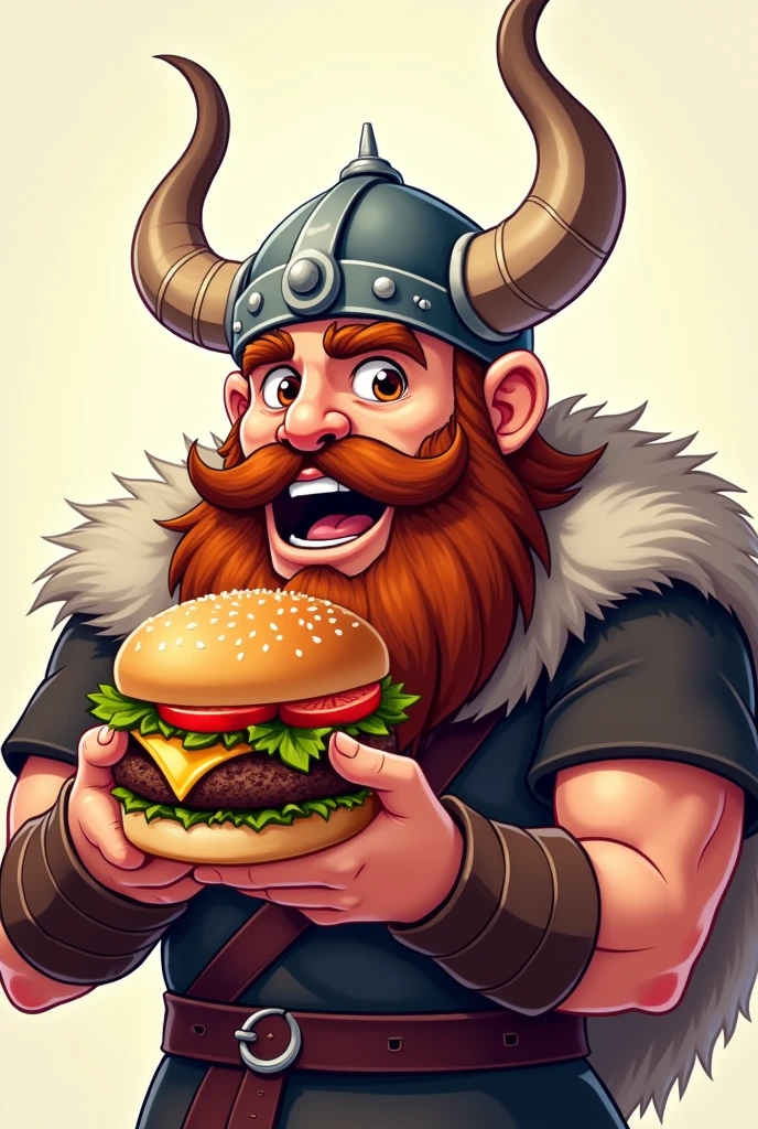 Make a cartoon-style image of a barbarian holding a hamburger 
