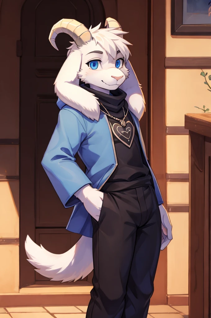 a boy, teenager, alone, Asriel, Undertale (Asriel Dreemurr), smile, eskimo coat (blue eskimo coat, no drawing), tall, hairy, anthropomorphic, blue eyes (black blouse, black pants), goat's paw, paw with metacarpal (short tail, anthropomorphic tail, short tail, furry tail, goat's tail), goat, anthropomorphic, furry)), straight hair, (bangs to the right side), barefoot, short horns, white horns (short horns, a pair of horns), Cartoon, (Detailed, detail on the tail, short tail, details on the face, better quality), (drooping ears, anthropomorphic ears).