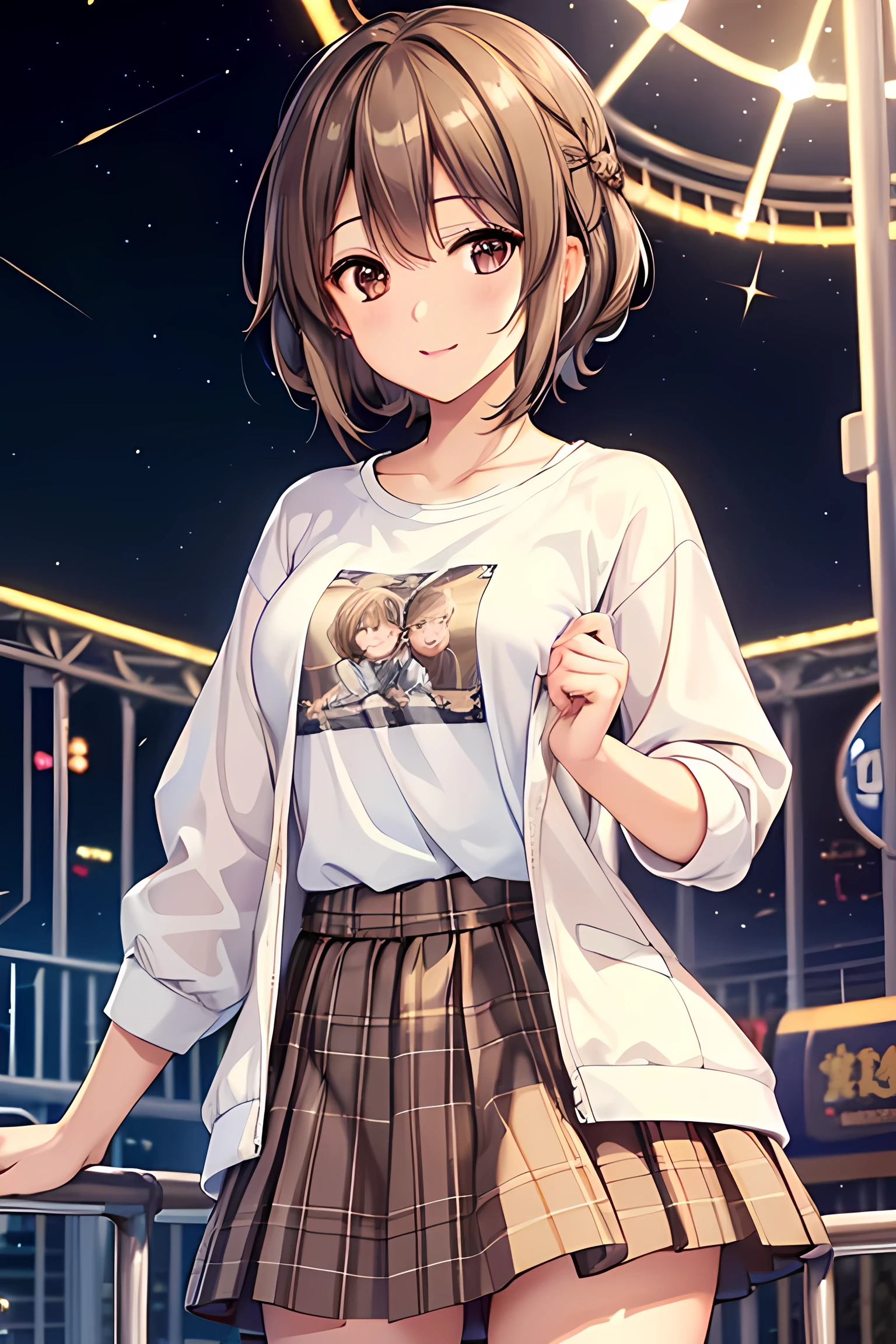 anegasaki nene、Shiny brown hair, short hair, (Beautiful brown eyes、Sparkling eyes, Fine grain)、smile、Ultra-detailed eyes、Highly detailed face, Highly detailed eyes,
Fisheye Lens、
Large in the center、明るいsmile、T-shirt and denim shorts、Crossing a large suspension bridge over a valley、From the top of the suspension bridge、Looking timidly at the valley from the bridge、Flowers of the Valley々Surrounded by、Night Sky、shooting star、moon、Facial highlights