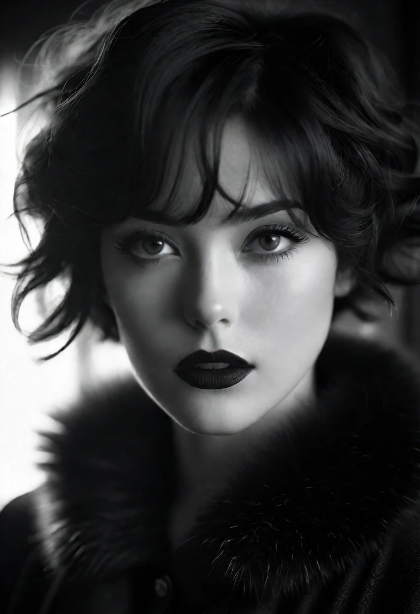 masterpiece, best quality, 1girl, looking at viewer, black and white photography, monochrome, high contrast, deep shadows, rich blacks, bright whites, short hair, wavy hair, dark hair, pale skin, dark lipstick, fur collar, detailed eyes, sharp focus, dramatic lighting, chiaroscuro, film grain