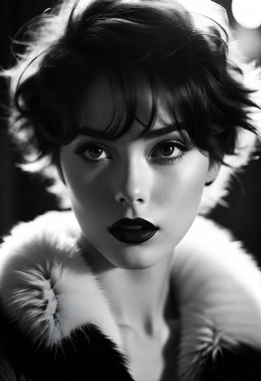 masterpiece, best quality, 1girl, looking at viewer, black and white photography, monochrome, high contrast, deep shadows, rich blacks, bright whites, short hair, wavy hair, dark hair, pale skin, dark lipstick, fur collar, detailed eyes, sharp focus, dramatic lighting, chiaroscuro, film grain